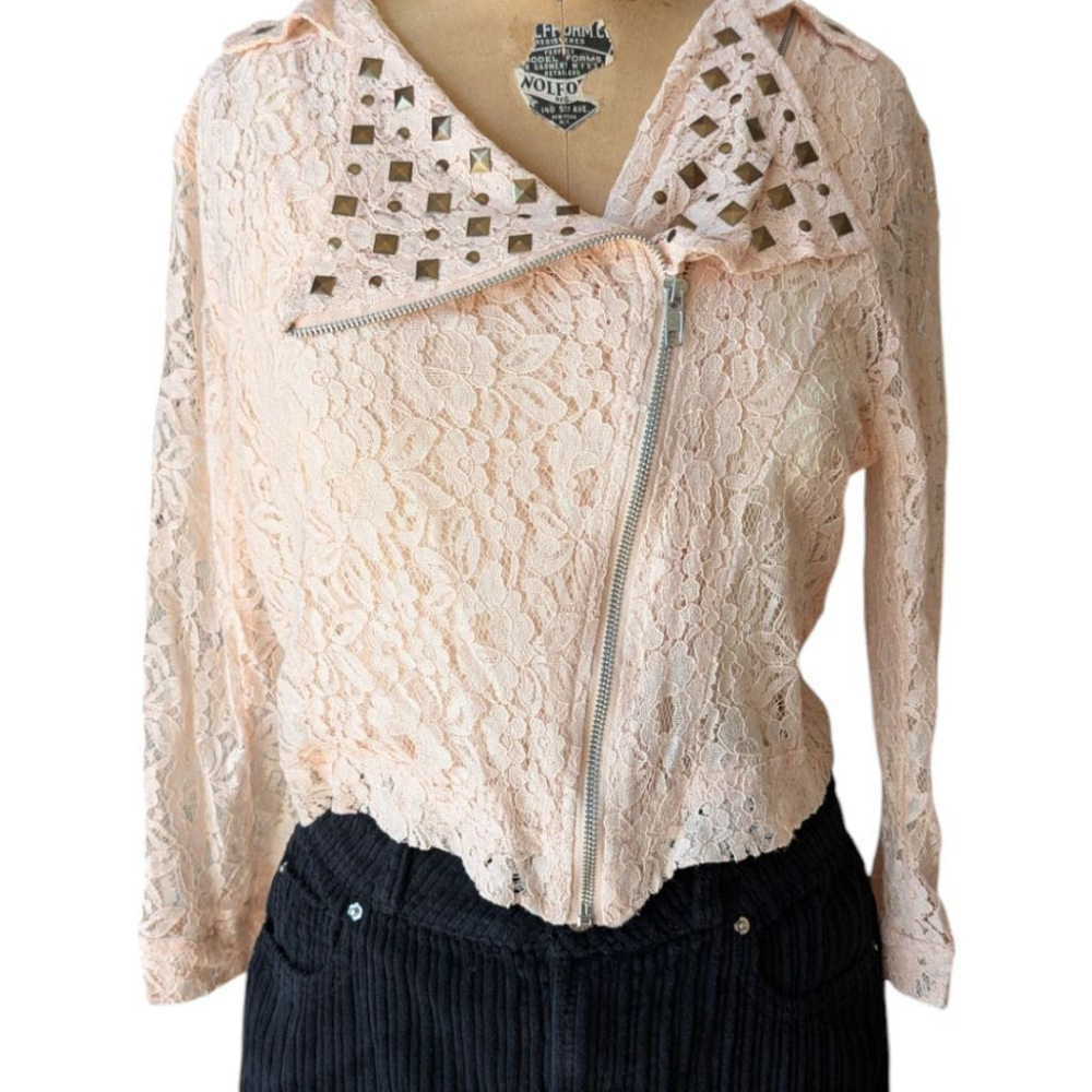 Poof‎ Couture Blush Lace Studded Moto Cardigan Sz L Fairycore Whimsigoth Y2K